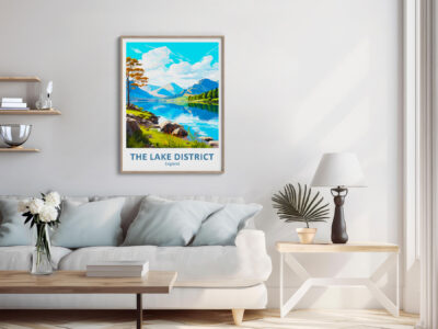 Cozy living room with Lake District poster.