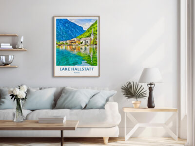 Stylish living room with Lake Hallstatt artwork.