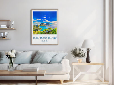 Living room with Lord Howe Island poster.