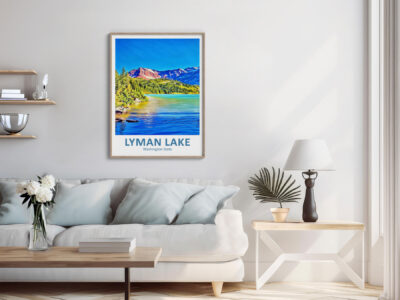 Modern living room with framed Lyman Lake art.