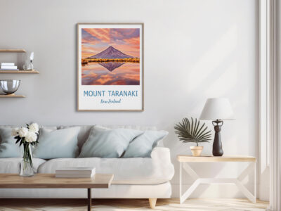 Cozy living room with Mount Taranaki poster