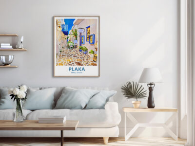 Living room with framed Plaka poster on wall.