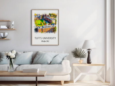 Tufts University artwork in modern living room.