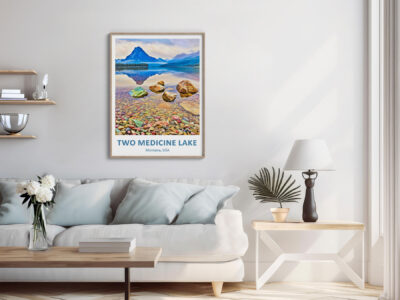 Modern living room with Two Medicine Lake artwork.