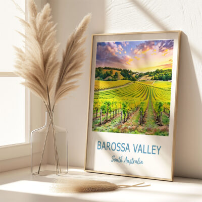 Barossa Valley vineyard poster on a sunlit shelf.