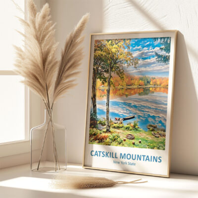 Catskill Mountains poster with autumn lake scene.