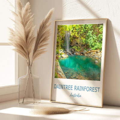 Daintree Rainforest poster by window, decorative vase nearby.