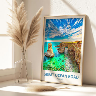 Framed Great Ocean Road poster with sea view.