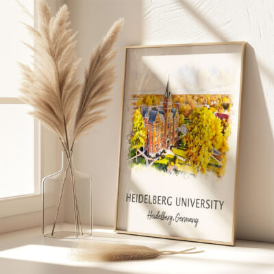 Painting of Heidelberg University framed on a table.