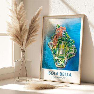 Framed Isola Bella aerial photo on a sunny windowsill.