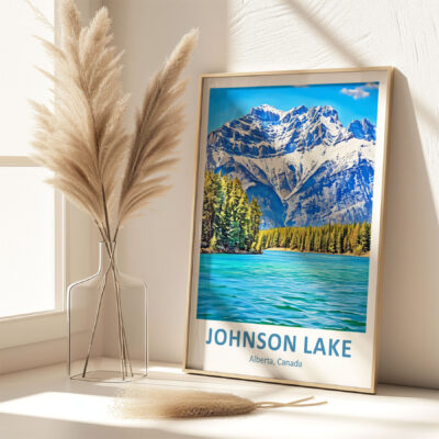 Johnson Lake framed artwork beside decorative vase.
