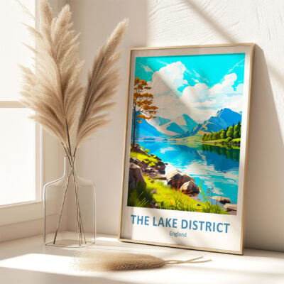 Lake District poster in sunny room with pampas grass