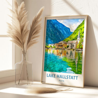 Scenic Lake Hallstatt framed artwork on sunny windowsill.