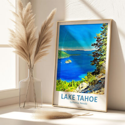 Lake Tahoe poster near window and pampas grass