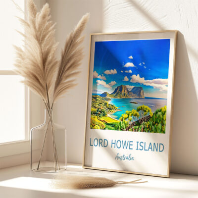 Framed Lord Howe Island art with coastal view.