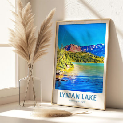 Framed Lyman Lake artwork beside dried pampas grass.