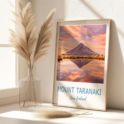 Mount Taranaki poster near window with pampas grass.