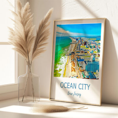Framed Ocean City New Jersey poster near window.