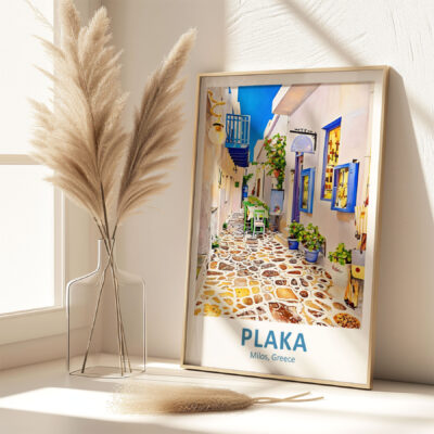 Framed image of Plaka, Milos, Greece on sunny table.