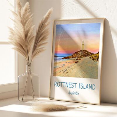Framed Rottnest Island photo with pampas grass vase.
