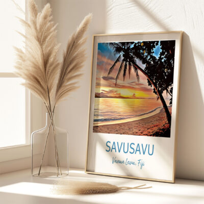 Savusavu beach sunset framed picture on table