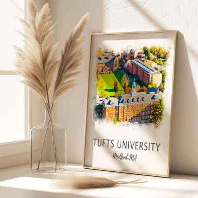 Tufts University campus illustration on sunny windowsill.