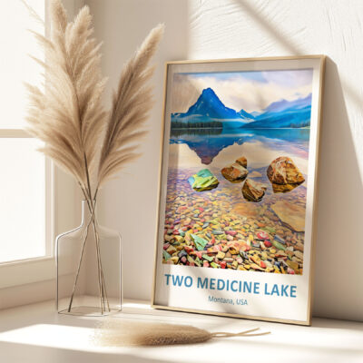 Framed Two Medicine Lake poster near a vase.