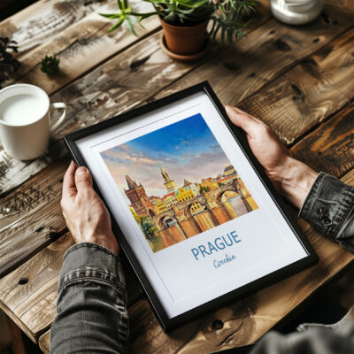 Person holding Prague cityscape photo, wooden table background.