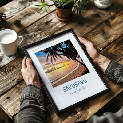 Framed Savusavu Fiji sunset photograph on wooden table