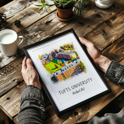 Framed Tufts University artwork held on wooden table.
