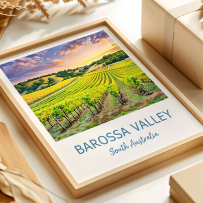 Barossa Valley vineyard sunset artwork in frame.