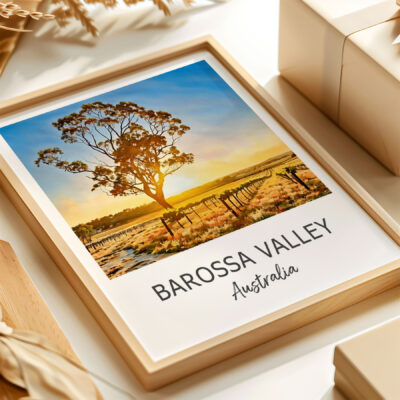 Framed Barossa Valley landscape art print, sunset view.