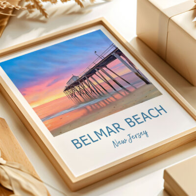 Belmar Beach sunset over pier, New Jersey art print.