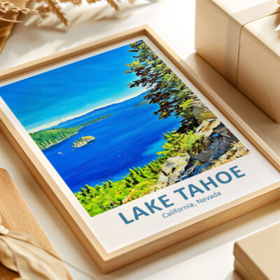 Lake Tahoe vibrant landscape artwork in wooden frame.