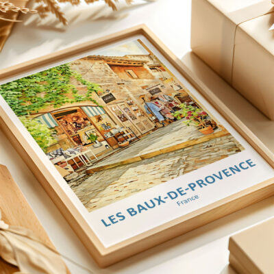 Colorful painting of Les Baux-de-Provence, France village scene.