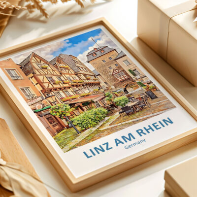 Framed image of Linz am Rhein, Germany town scene.