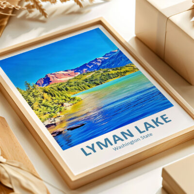 Lyman Lake, Washington State vibrant artwork framed elegantly.