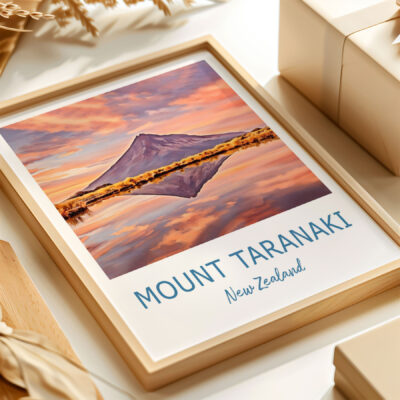 Framed Mount Taranaki, New Zealand scenic print.