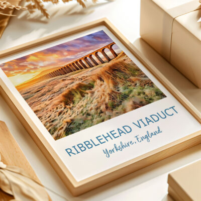 Framed photo of Ribblehead Viaduct, Yorkshire landscape.