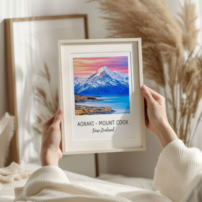 Framed Mount Cook photo with hands holding it.
