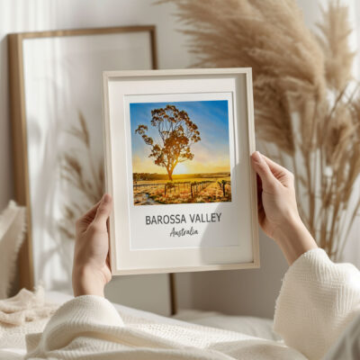 Framed Barossa Valley photo with tree and sunset.