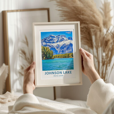 Person holding Johnson Lake poster, Alberta, Canada.