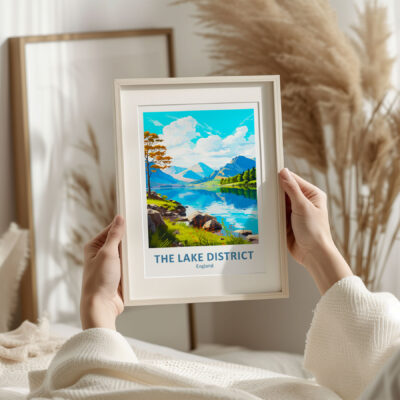 Framed Lake District artwork in cozy setting.