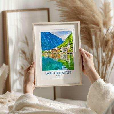 Person holding Lake Hallstatt framed poster.