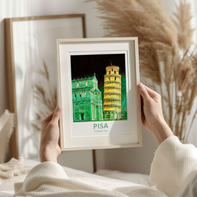Framed Pisa artwork in bedroom setting.