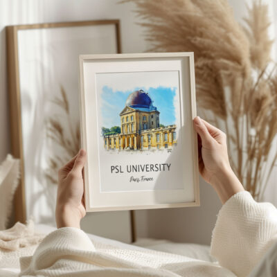 Person holding PSL University Paris framed illustration.