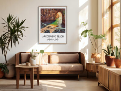 Modern living room with beach poster on wall.