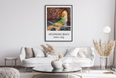Living room with Arcomagno Beach poster