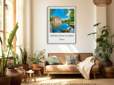 Living room with Azay-le-Rideau framed photo.