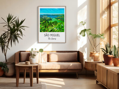 Modern living room with São Miguel Azores poster.